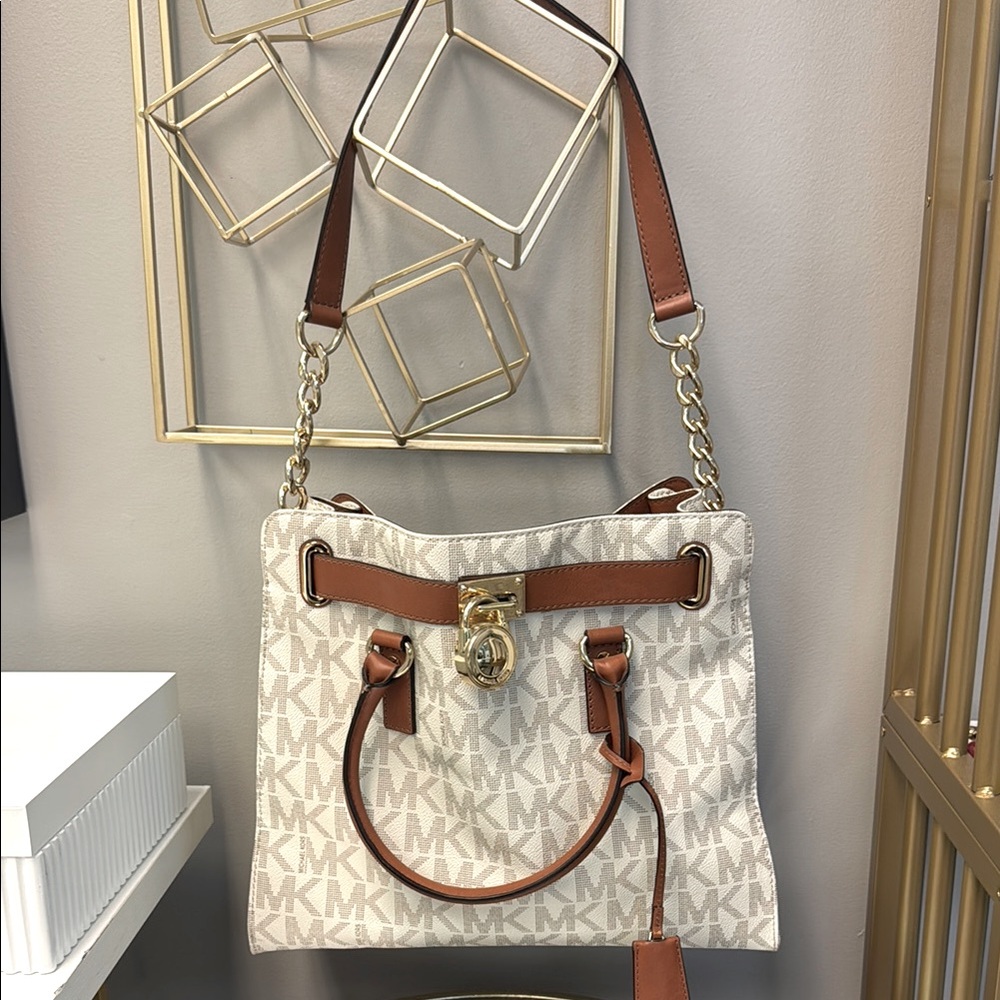 Authentic Michael Kors Brown and Cream Shoulder Bag with Adjustable Strap